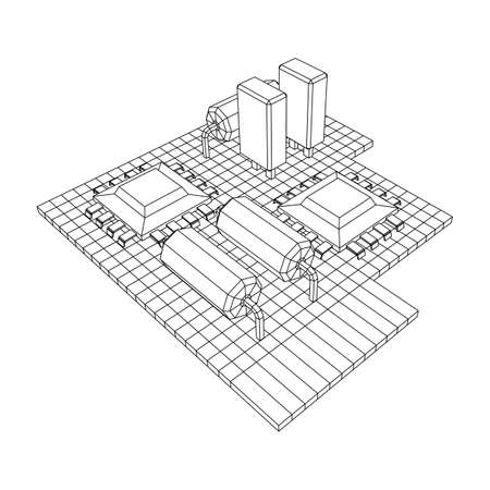 Circuit board. Electronic computer components motherboard. Semiconductor microchip, diode. Hardware parts. Wireframe low poly mesh vector illustration.のイラスト素材