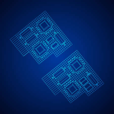 Circuit board. Electronic computer components motherboard. Semiconductor microchip, diode. Hardware parts. Wireframe low poly mesh vector illustration.のイラスト素材