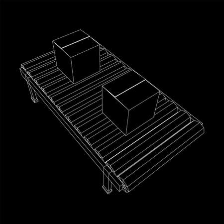 Conveyor belt section with pack boxes. Factory production equipment. Wireframe low poly mesh vector illustrationのイラスト素材