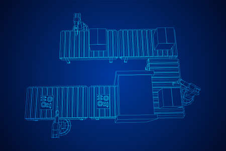 Robotic arm manufacture technology industry assembly mechanic hand. Regular roller conveyor with circuit boards and packed boxes. Wireframe low poly mesh vector illustrationのイラスト素材