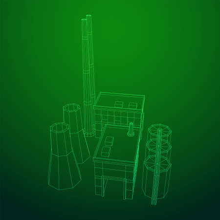Industrial building factory facility power plant. Wireframe low poly mesh vector illustration.のイラスト素材