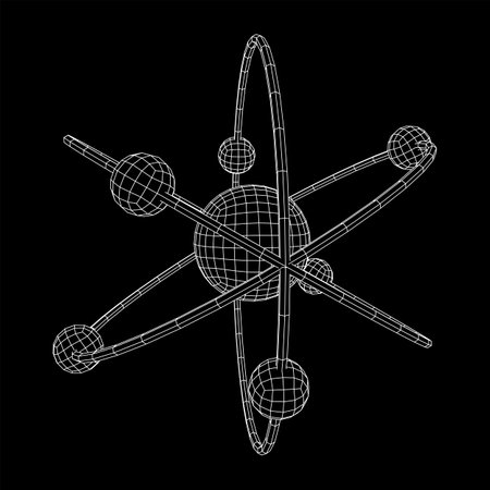 Planetary model of atom with nucleus and electrons spining on orbits. Nuclear nano technology. Wireframe low poly mesh vector illustration.のイラスト素材