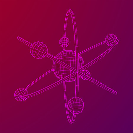Planetary model of atom with nucleus and electrons spining on orbits. Nuclear nano technology. Wireframe low poly mesh vector illustration.のイラスト素材