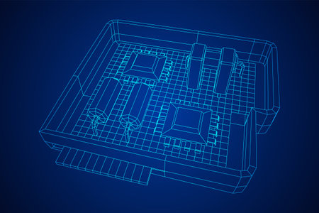 Circuit board in case. Electronic computer components motherboard. Semiconductor microchip, diode. Hardware parts. Wireframe low poly mesh vector illustration.のイラスト素材