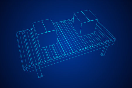 Conveyor belt section with pack boxes. Factory production equipment. Wireframe low poly mesh vector illustrationのイラスト素材