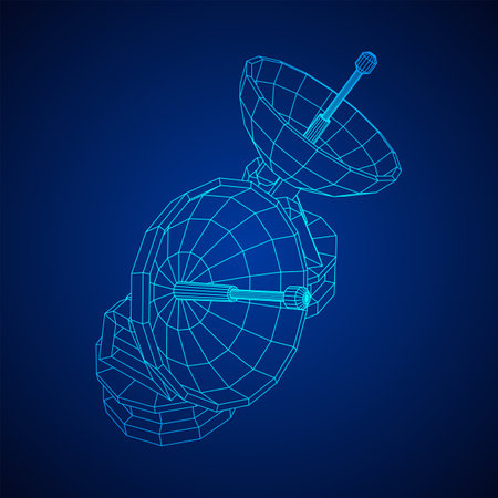 Radar. Directional radio antenna with satellite dish. Astronomy radio telescope. Wireframe low poly mesh vector illustrationのイラスト素材
