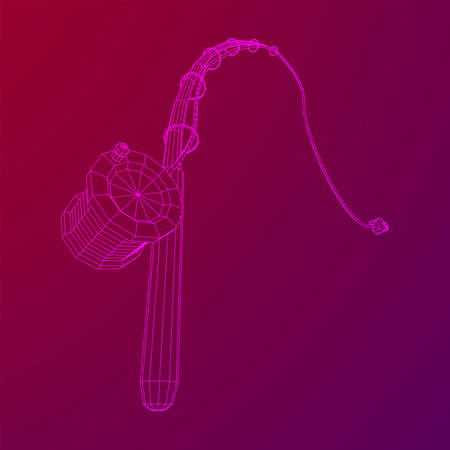 Fishing rod with line sinker and hook. Wireframe low poly mesh vector illustration.のイラスト素材