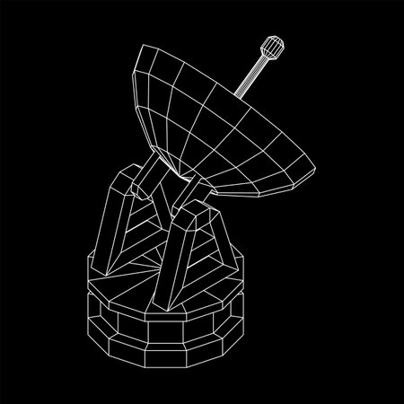 Radar. Directional radio antenna with satellite dish. Astronomy radio telescope . Wireframe low poly mesh vector illustrationのイラスト素材