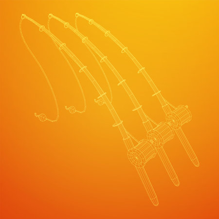 Fishing rod with line sinker and hook. Wireframe low poly mesh vector illustration.のイラスト素材