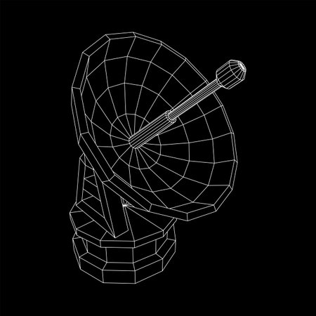 Radar. Directional radio antenna with satellite dish. Astronomy radio telescope . Wireframe low poly mesh vector illustrationのイラスト素材