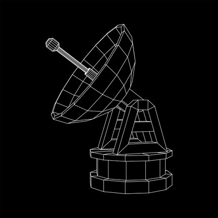 Radar. Directional radio antenna with satellite dish. Astronomy radio telescope . Wireframe low poly mesh vector illustrationのイラスト素材