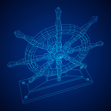 Ship steering wheel. Marine rudder. Wireframe low poly mesh vector illustration.