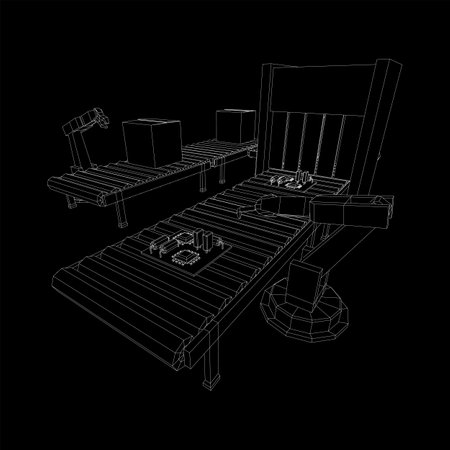Robotic arm manufacture technology industry assembly mechanic hand. Regular roller conveyor with circuit boards and packed boxes. Wireframe low poly mesh vector illustrationのイラスト素材