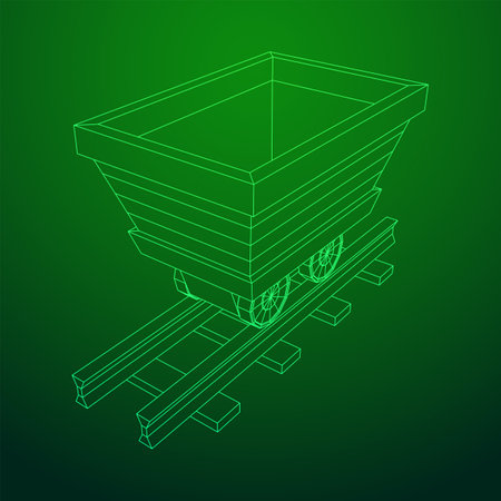 Trolley mine on rails. Wireframe low poly mesh vector illustration.のイラスト素材