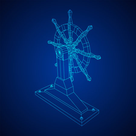 Ship steering wheel. Marine rudder. Wireframe low poly mesh vector illustration.のイラスト素材