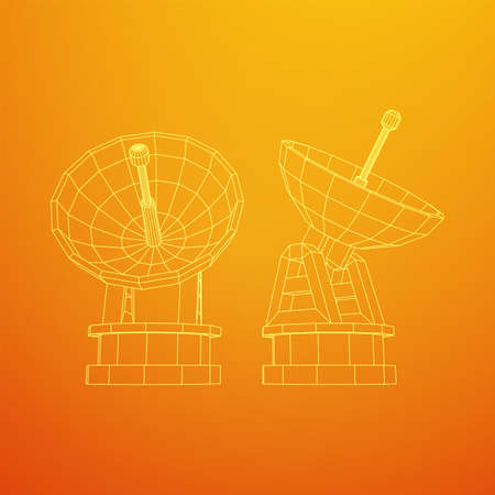 Radar. Directional radio antenna with satellite dish. Astronomy radio telescope . Wireframe low poly mesh vector illustrationのイラスト素材