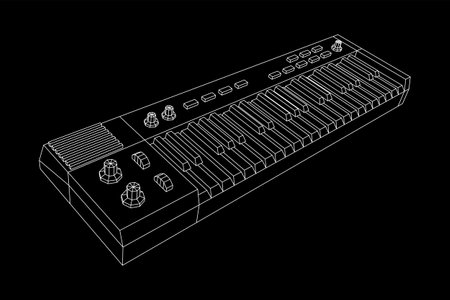 Piano roll analog synthesizer faders buttons knobs. Wireframe low poly mesh vector illustration.のイラスト素材