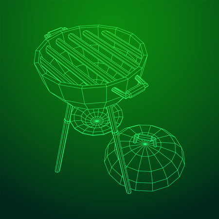 Round barbecue grill. Outdoor bbq party. Wireframe low polyのイラスト素材