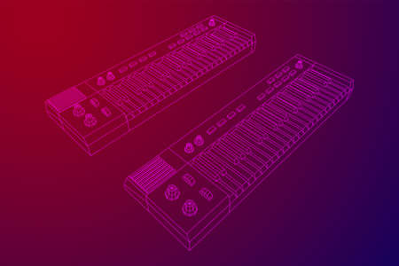 Piano roll analog synthesizer faders buttons knobs. Wireframe low poly meshのイラスト素材