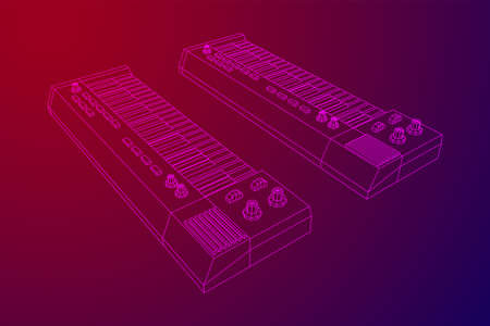 Piano roll analog synthesizer faders buttons knobs. Wireframe low poly meshのイラスト素材