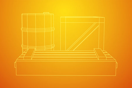 Supplies cargo concept. Pile boxes and barrels. Wireframe low poly mesh vector illustration.のイラスト素材