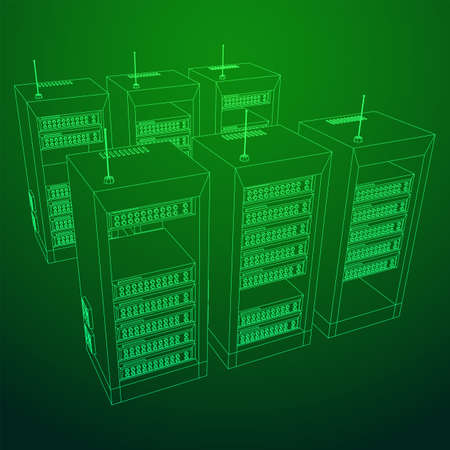 Data network server in cabinet. Diagnostic test in computer room technologyのイラスト素材