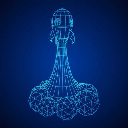 Space Rocket Launch Ship. Concept of business product on a market. Wireframe low poly mesh vector illustrationのイラスト素材