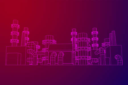 Industrial building factorie facilitie power plant with chimneys. Wireframe low poly mesh vector illustration.のイラスト素材