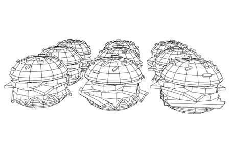 Hamburger or cheeseburger with cutlets, cheese, tomatoes, and other. Wireframe low poly mesh vector...