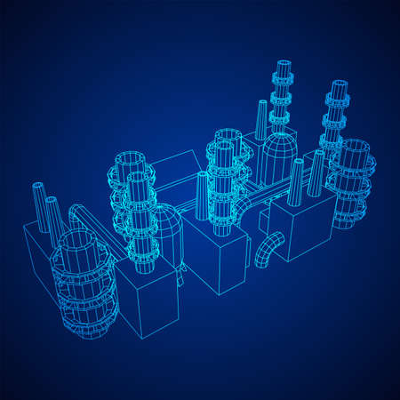 Industrial building factorie facilitie power plant with chimneys. Wireframe low poly mesh vector illustration.のイラスト素材
