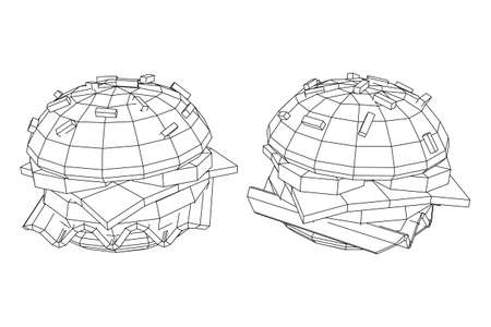 Hamburger or cheeseburger with cutlets, cheese, tomatoes, and other. Wireframe low poly mesh vector illustration.のイラスト素材