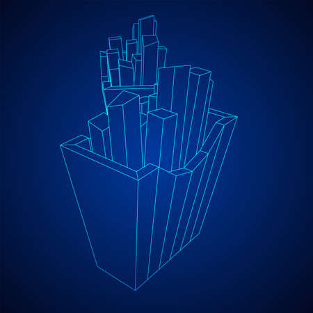 French fried potato in pack box. Fast food, junk. Wireframe low poly mesh vector illustrationのイラスト素材