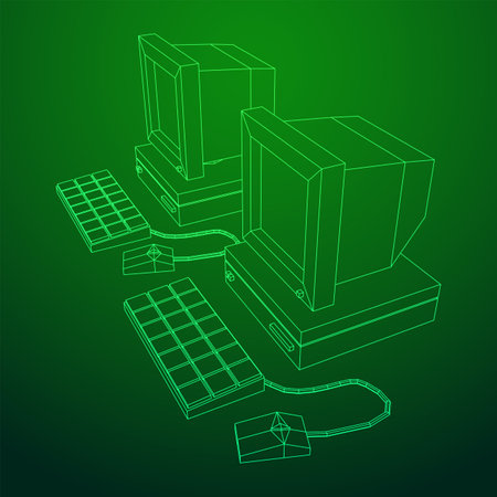 Retro computer with monitor mouse and keyboard. business concept. Wireframe low poly mesh vector illustration.のイラスト素材