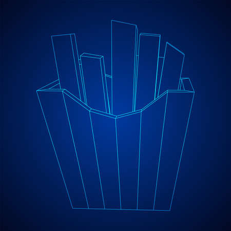 French fried potato in pack box. Fast food, junk. Wireframe low poly mesh vector illustrationのイラスト素材