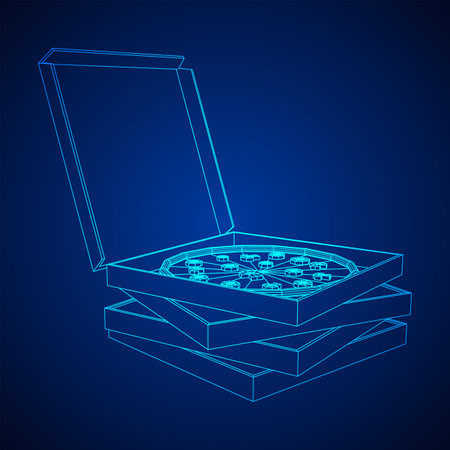 Fresh pizza in box. Traditional italian fast food meal. European snack. Wireframe low poly mesh vector illustrationのイラスト素材