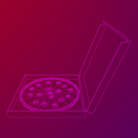 Fresh pizza in box. Traditional italian fast food meal. European snack. Wireframe low poly mesh vector illustrationのイラスト素材