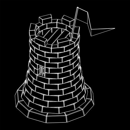 castle knight tower. Medieval ancient fortress with banner flag. Wireframe low poly mesh vector illustrationのイラスト素材