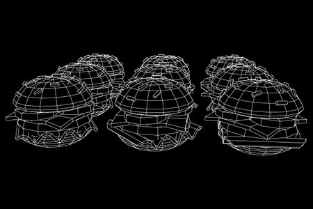 Hamburger or cheeseburger with cutlets, cheese, tomatoes, and other. Wireframe low poly mesh vector...