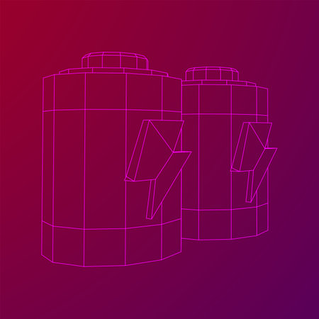 Alkaline cylinder battery with bolt icon. Wireframe low poly mesh vector illustration.のイラスト素材