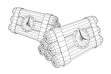 Dynamite Bomb with Countdown Clock. Military Detonate Weapon. Wireframe low poly mesh vector illustrationのイラスト素材