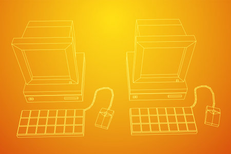 Retro computer with monitor mouse and keyboard. Business concept. Wireframe low poly mesh vector illustration.のイラスト素材