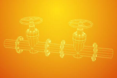 Oil pipeline with valve business concept. Finance economy polygonal petrol production. Petroleum fuel industry transportation line. Wireframe low poly mesh vector illustrationのイラスト素材