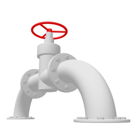 Red valve on the main gas pipeline. Industrial faucet for water, oil, gas pipes sewage. 3d render illustrationの写真素材