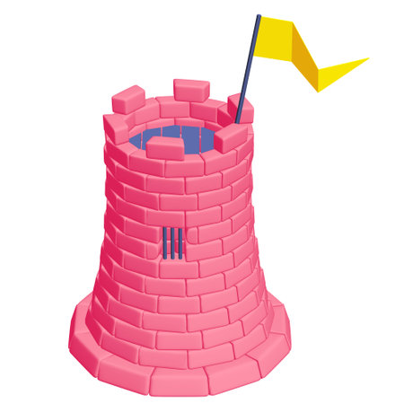 Castle knight tower. Medieval ancient fortress with banner flag. 3d render illustrationの写真素材