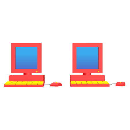 Retro red computer with monitor mouse and keyboard. Business concept. 3d render illustration.