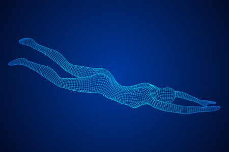 Woman human body jumping diving. Human anatomy action pose. Wireframe low poly mesh vector illustrationのイラスト素材
