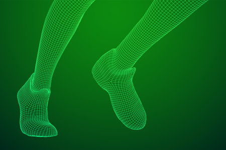 Running legs with sport shoes go. Human foot action pose. Wireframe low poly mesh vector illustrationのイラスト素材