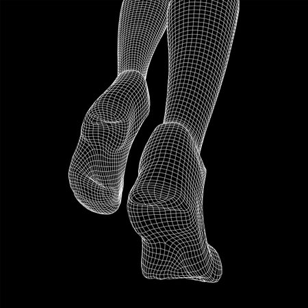 Running legs with sport shoes go. Human foot action pose. Wireframe low poly mesh vector illustrationのイラスト素材