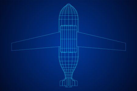 Aerial Weapon Guided Smart Bomb with Wings. Military concept. Wireframe low poly mesh vector illustration.のイラスト素材