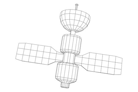 Space station communications satellite. Wireframe low poly mesh vector illustration.のイラスト素材